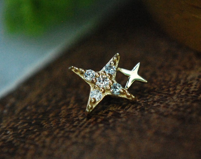 14k Yellow Gold Sparkle End - star, Cubic Zirconia, CZ attachment Internally threaded 16ga / 1.2mm, 14ga / 1.6mm, or Threadless!