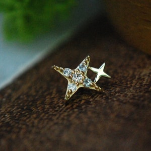 14k Yellow Gold Sparkle End - star, Cubic Zirconia, CZ attachment Internally threaded 16ga / 1.2mm, 14ga / 1.6mm, or Threadless!