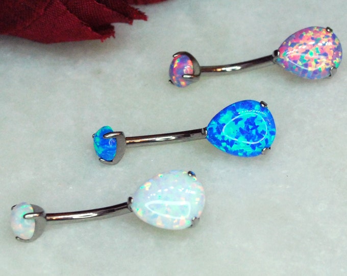 Titanium Prong Set Double Opal Teardrop Navel Belly Bar