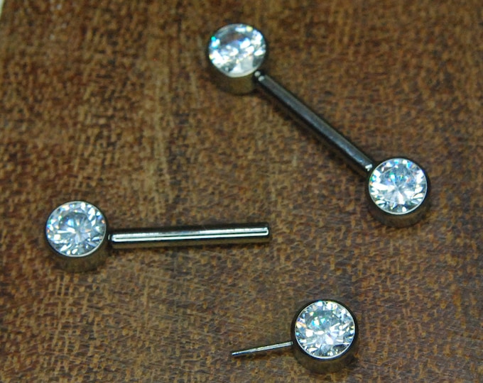 A pair of Titanium Double Gemmed Nipple Bars CZ - 14ga, 12mm, THREADLESS