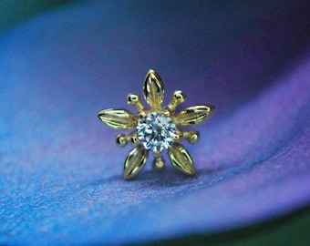 14kt Yellow Gold Flower Gemmed End - Threadless Attachment - Cubic Zirconia, CZ, Crystal, petals