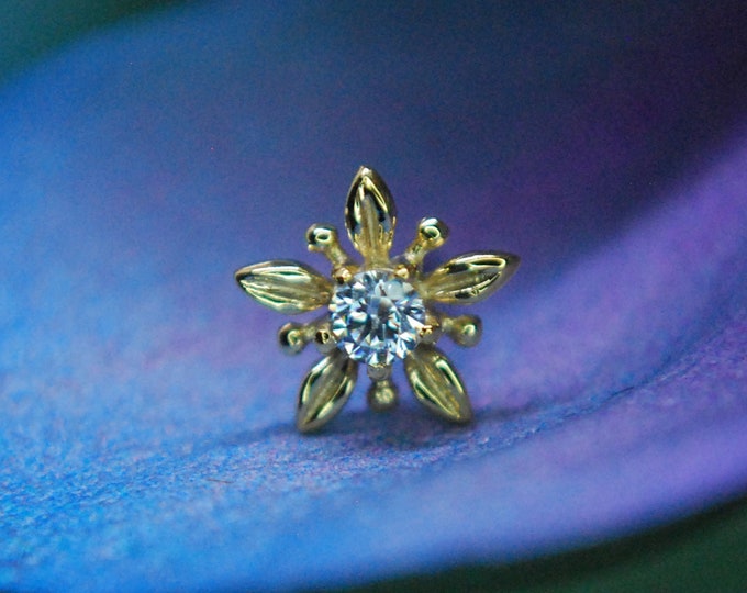 14kt Yellow Gold Flower Gemmed End - Threadless Attachment - Cubic Zirconia, CZ, Crystal, petals