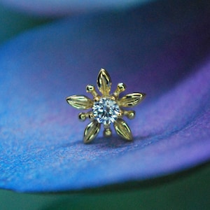 14kt Yellow Gold Flower Gemmed End - Threadless Attachment - Cubic Zirconia, CZ, Crystal, petals