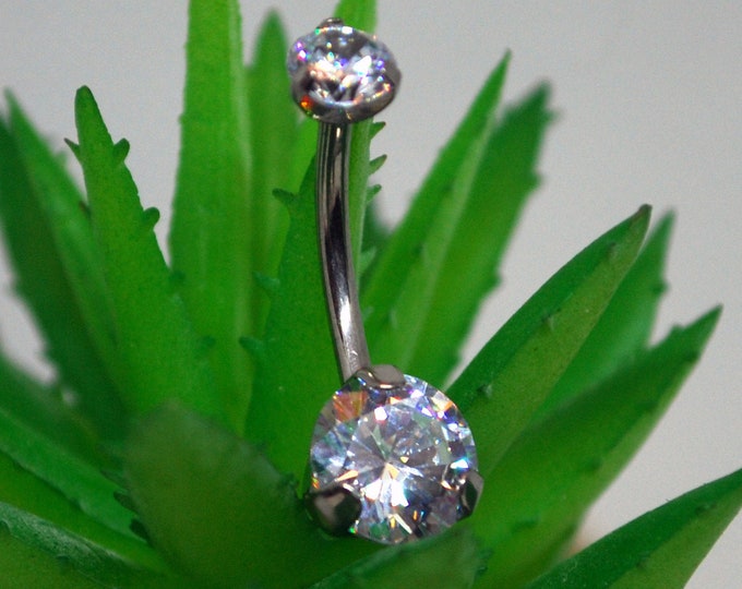 Titanium Prong Set Double Gem Navel Belly Bar - Multiple Colours