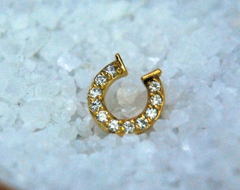 14kt Yellow Gold Horseshoe Gemmed End - Threadless - Cubic Zirconia, CZ, Crystal, Lucky, Horse Shoe