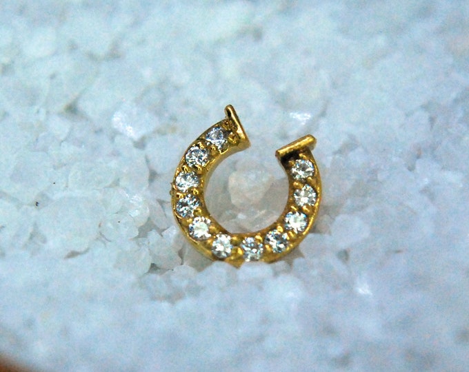 14kt Yellow Gold Horsehoe Gemmed End - Threadless Attachment - Cubic Zirconia, CZ, Crystal, Lucky, Horse Shoe