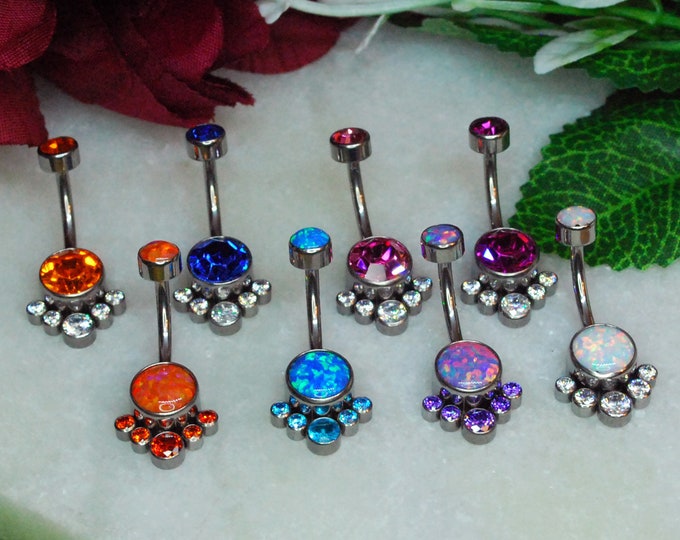 Titanium Opal & CZ Gem Clusters Implant Grade Internally Threaded Navel Bars, Colour Options