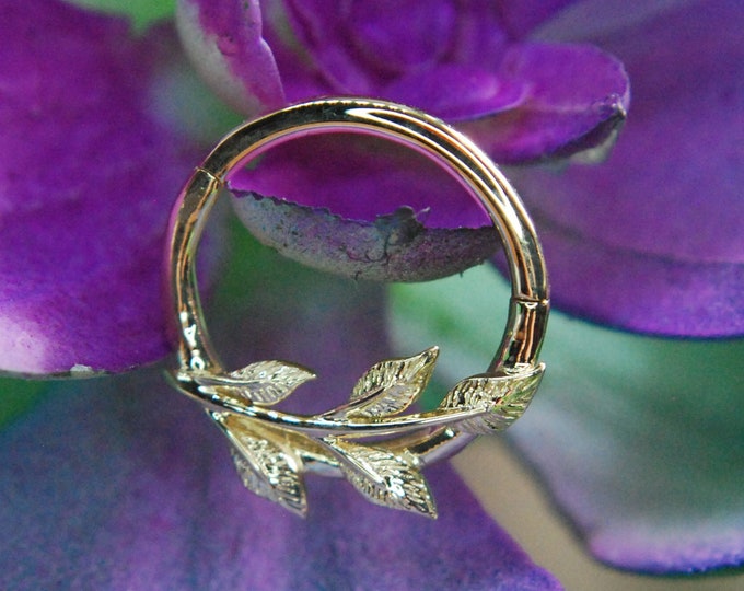 JUNIPURR Solid 14k Gold Terra  Ring - Clicker - hinged - Leaf, flora, plant