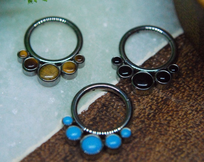 5 Gem Titanium Hinged Segment Ring with Natural Stones - Clicker- Daith, Septum, Helix, Nostril, earlobe, Etc.
