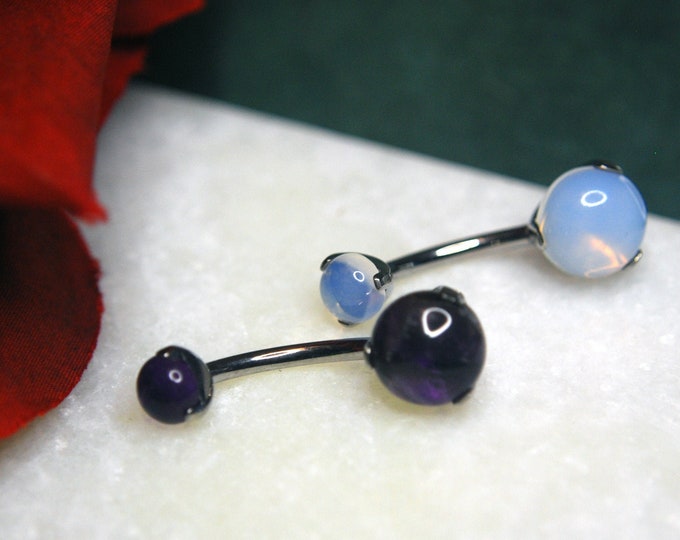 Titanium Prong Set Double Gem Navel Bar Stones - Belly Bar - Amethyst and Opalite