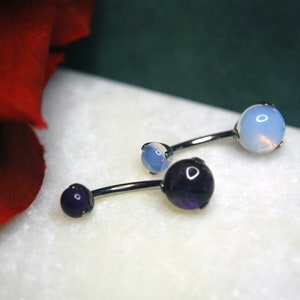 Titanium Prong Set Double Gem Navel Bar Stones - Belly Bar - Amethyst and Opalite