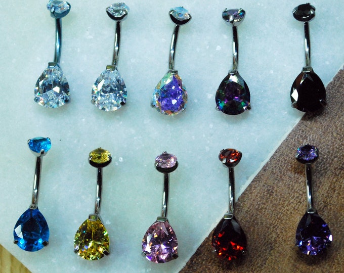 Titanium Prong Set Double Gem Teardrop Navel Belly Bar