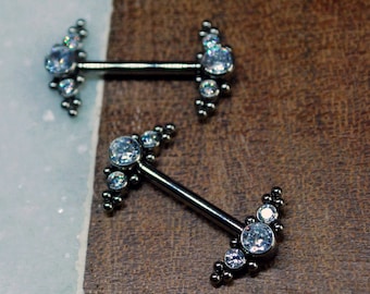A pair of Titanium Couture Gemmed Nipple Bars - 14ga, Internally threaded barbell, CZ gems