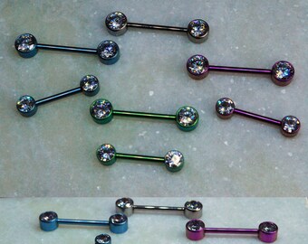 Titanium dubbele gemmed tepel bars - 14ga, intern schroefdraad barbell, meerdere kleuren cz edelstenen