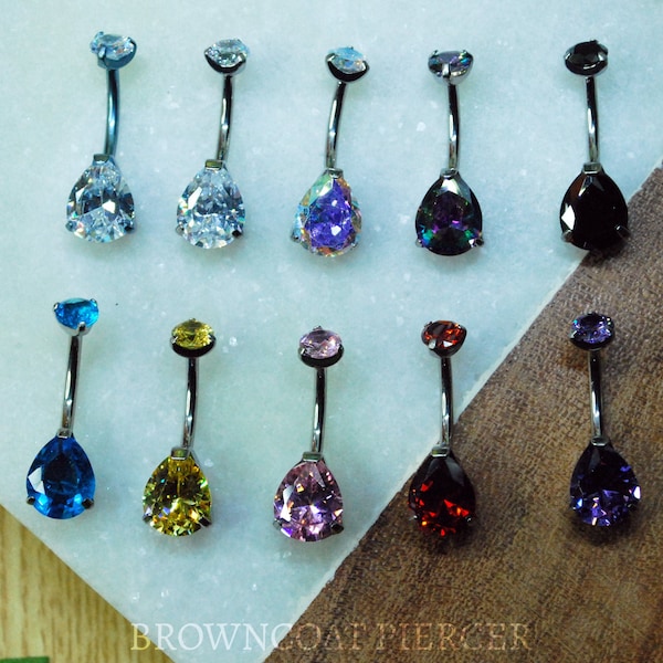 Titanium Prong Set Double Gem Teardrop Navel Belly Bar