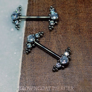 A pair of Titanium Couture Gemmed Nipple Bars - 14ga, Internally threaded barbell, CZ gems