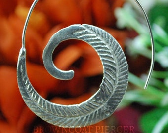 Feather Inspired White Brass Decorative Spiral Earrings - Hoop, decorative PAIR