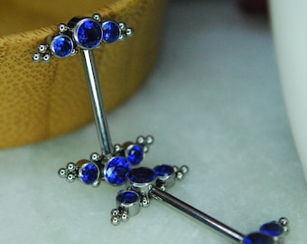 A pair of Titanium Couture Gemmed Nipple Bars - 14ga, Internally threaded barbell, Dark Blue CZ Gems