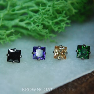 Internally Threaded Princess Cut Cubic Zirconia (CZ) Clawset Gem End - Various Colours Available  -- 16ga / 1.2mm - Square