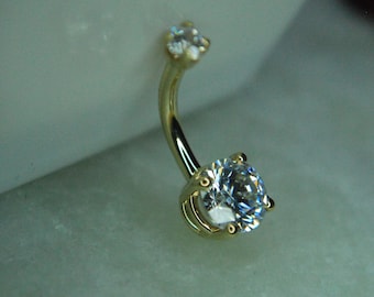 Solid 14 Karat Yellow Gold Navel Bar - Internally threaded,  Prong Set Double Gem CZ