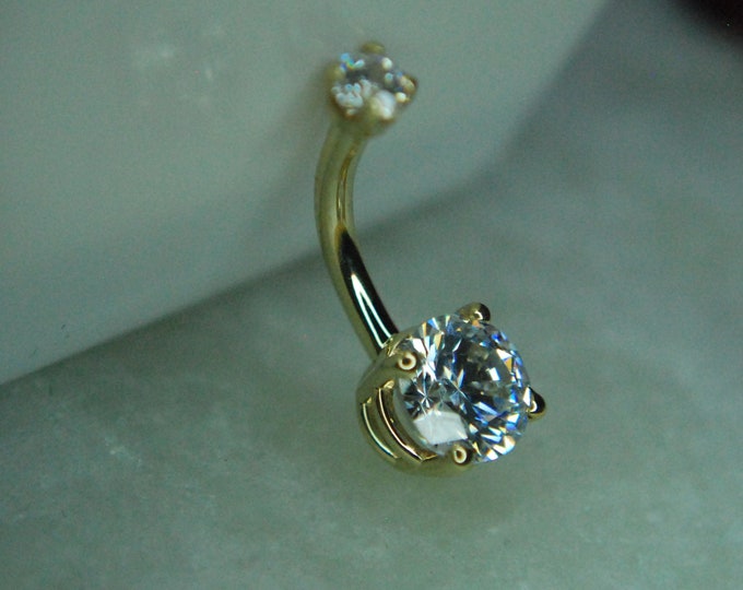 Solid 14 Karat Yellow Gold Navel Bar - Internally threaded,  Prong Set Double Gem CZ - BODY GEMS