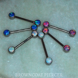 A pair of Titanium Double Gemmed Nipple Bars Opal - 14ga, THREADLESS