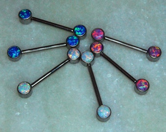 A pair of Titanium Double Gemmed Nipple Bars Opal - 14ga, THREADLESS