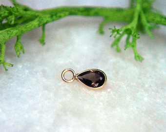 Drop Charm - 14k Yellow Gold and Smokey Quartz - Teardrop / pear shaped dangle charm