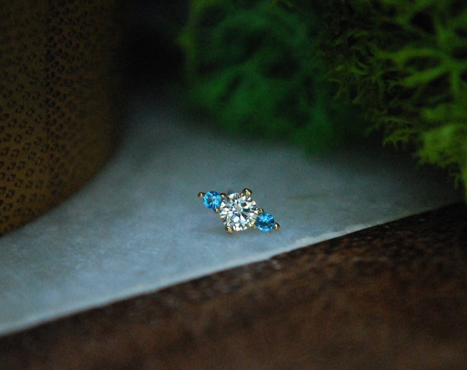 Solid 14k Yellow Gold Triple CZ Threadless End - Crystal & Blue CZ - Cubic Zirconia