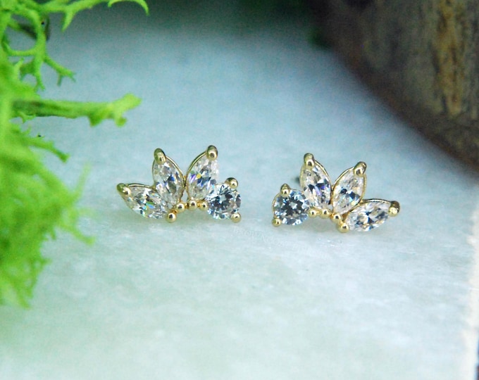 14k Yellow Gold Threadless CZ Fan End - Cubic Zirconia Marquise and Round - push fit attachment