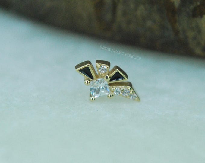 Solid 14k Yellow Gold - Powerhouse Threadless End - CZ and Enamel - Cubic Zirconia -  Push Fit Attachment