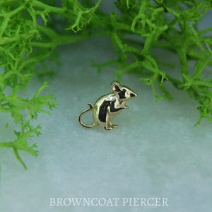 Może przedstawiać: Złoty wisiorek w kształcie myszy, mała, szczegółowa rzeźba myszy stojąca na białym tle.