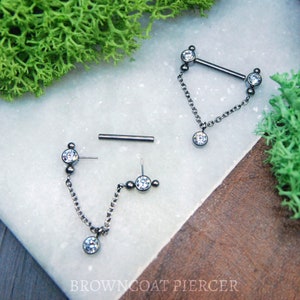 Titanium Threadless Nipple Bars with gemmed chain decoration - 14ga/ 1.6mm, 12 or 14mm, Single or Pair