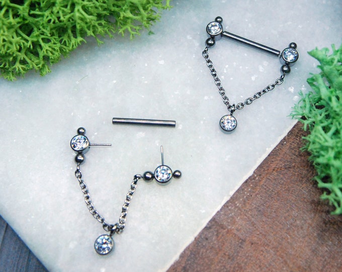 Titanium Threadless Nipple Bars with gemmed chain decoration - 14ga/ 1.6mm, 12 or 14mm, Single or Pair