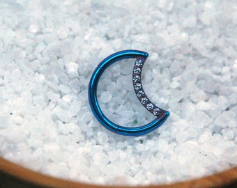Titanium Daith Crescent Moon - Gemmed - Implant Grade Clicker Ring - Pre anodised - Blue