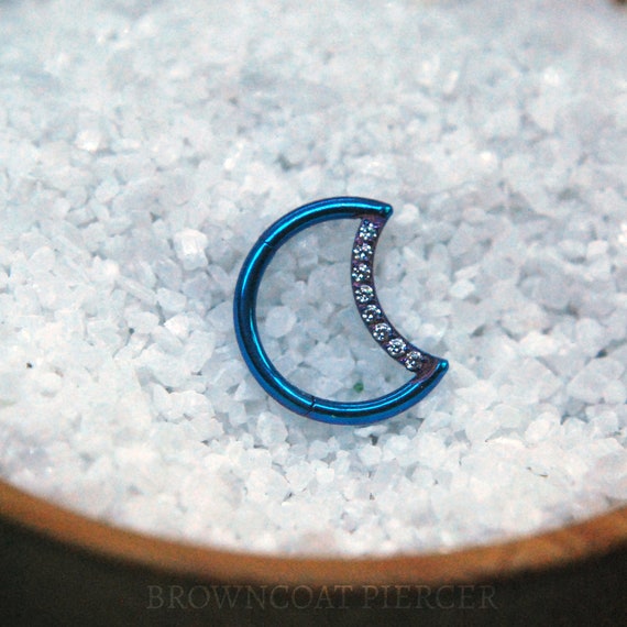 Titanium Daith Crescent Moon - Gemmed - Implant Grade Clicker Ring - Pre anodised - Blue