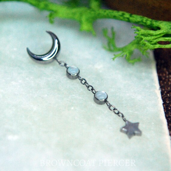 Implant Grade Titanium Moon and Star Chained Moonstone End - Internally threaded 1.2mm