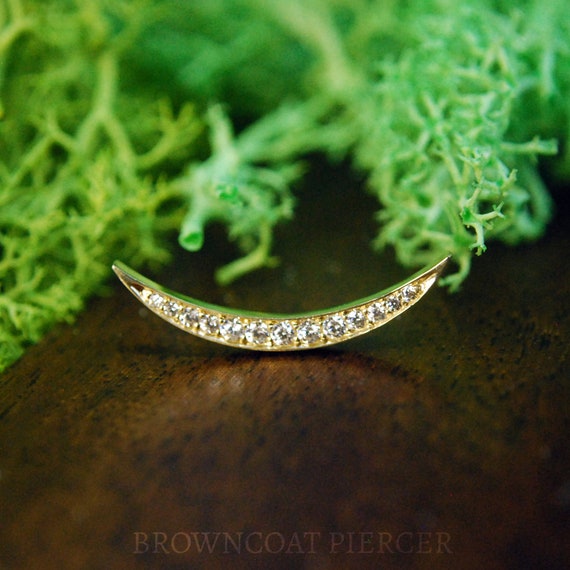 Solid 14k Gold Cheshire Moon with CZ crystal Threadless End - push fit - cubic zirconia - Crescent