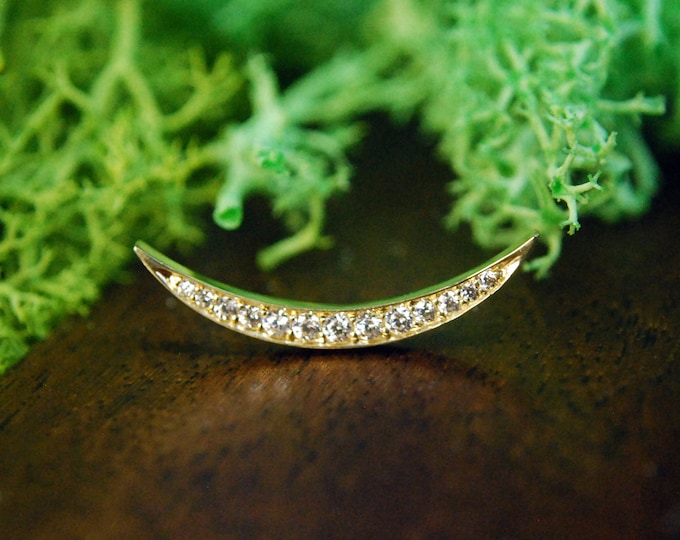 Solid 14k Gold Cheshire Moon with CZ crystal Threadless End - push fit - cubic zirconia - Crescent