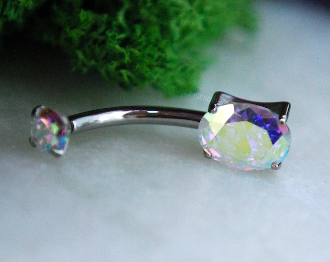 Titanium AB CZ Prong Set Double Gem Oval Navel Belly Bar