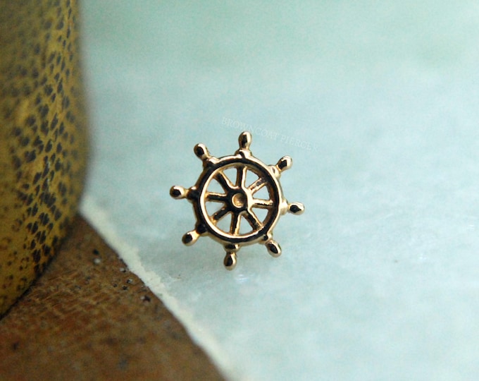 JUNIPURR Solid 14k Rose Gold Aye' Captain  Threadless End - Ship's Wheel
