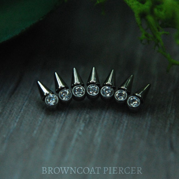 Titanium Internally Threaded Spiked Curve CZ End - Implant Grade Titanium - Gem, Cubic Zirconia, Crystal, 1.2mm / 16ga