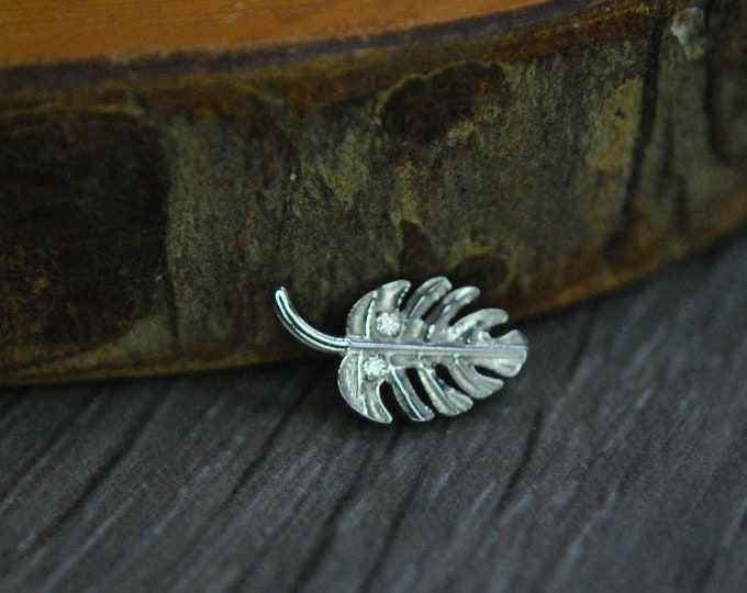 Titanium Internally Threaded Gemmed Monstera Leaf End -  Implant Grade Titanium - 16ga / 1.2mm -  floral, leaf, cubic zirconia, cz
