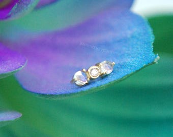 14k Yellow Gold Threadless Revel End - Rainbow Moonstone & CZ End - Cubic Zirconia Crystal