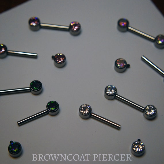 A pair of Titanium Double Gemmed Nipple Bars - 14ga, Internally threaded barbell, multiple colour cz gems
