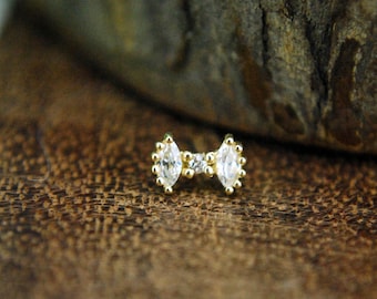 Solid 14k Yellow Gold Bow Threadless End - Crystal CZ - Cubic Zirconia, Push fit
