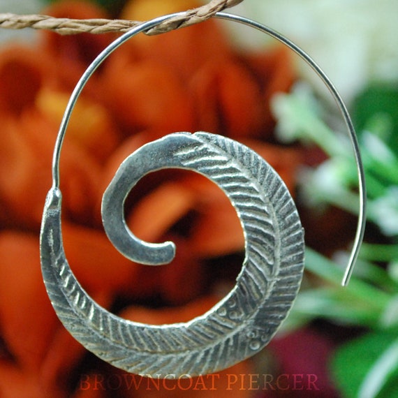 Feather Inspired White Brass Decorative Spiral Earrings - Hoop, decorative PAIR