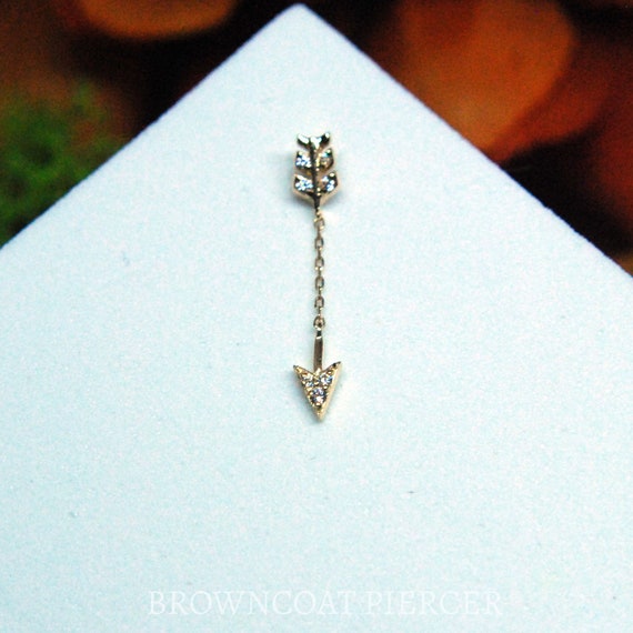 Solid 14k Yellow Gold Merida End - Arrow shaped Chain and Cubic Zirconia Threadless End - Push Fit