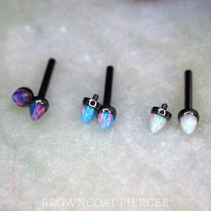 A pair of Titanium Bullet End Opal Nipple Bars - 14ga, Internally threaded barbell, double gem, multiple colour