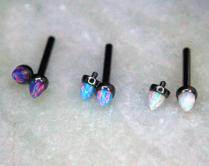 A pair of Titanium Bullet End Opal Nipple Bars - 14ga, Internally threaded barbell, double gem, multiple colour
